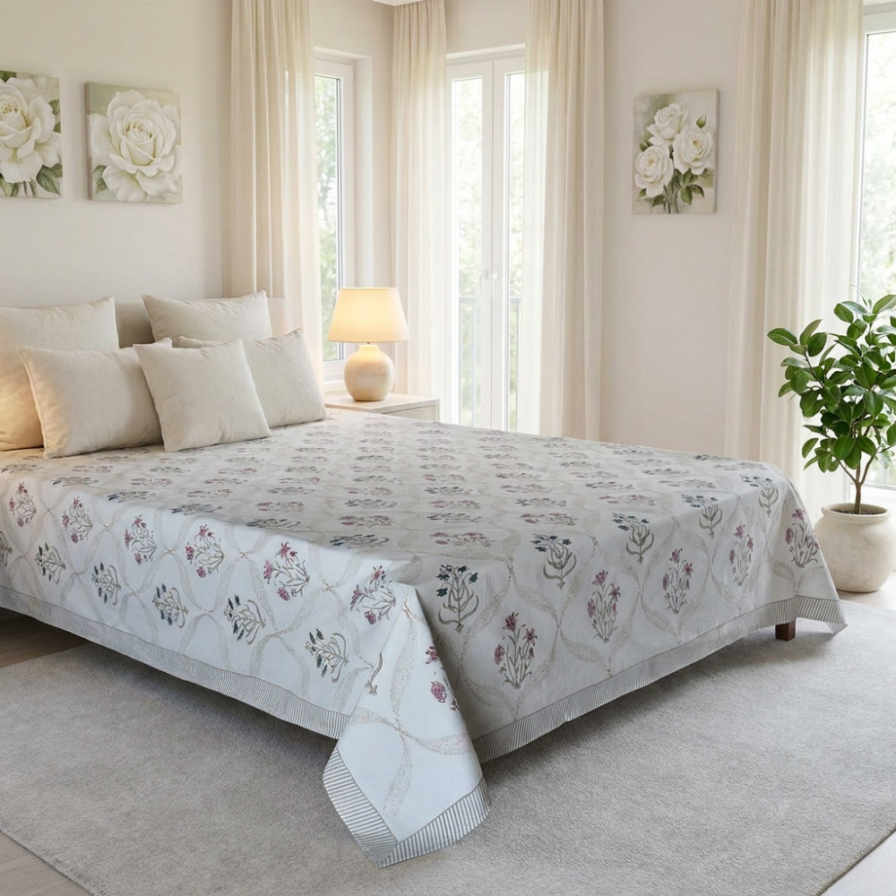 Image of King Size Block Printed Percale Fine Cotton Bedspread with 2 Pillow Cases  | 200838
