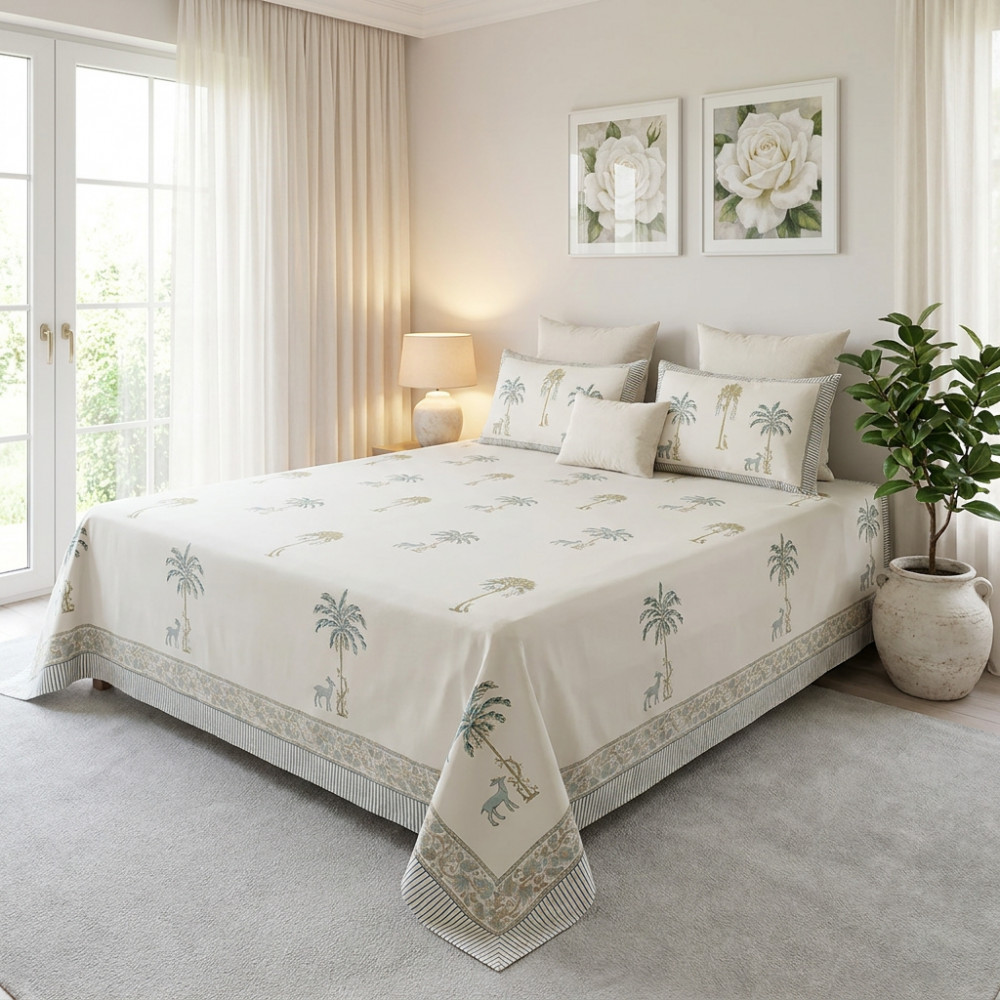 Image of King Size Block Printed Percale Fine Cotton Bedspread with 2 Pillow Cases  | 200850
