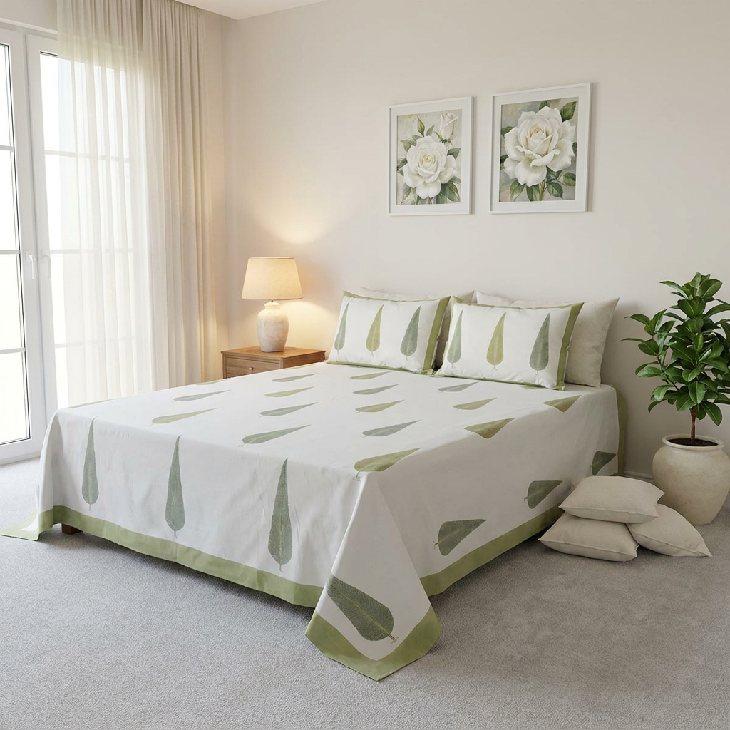 King Size Block Printed Percale Fine Cotton Bedspread with 2 Pillow Cases   700315