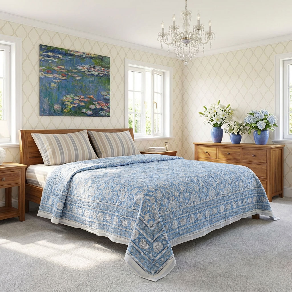 Hand Block Printed Cotton Twin Size Quilt Amarnath Marina 202302