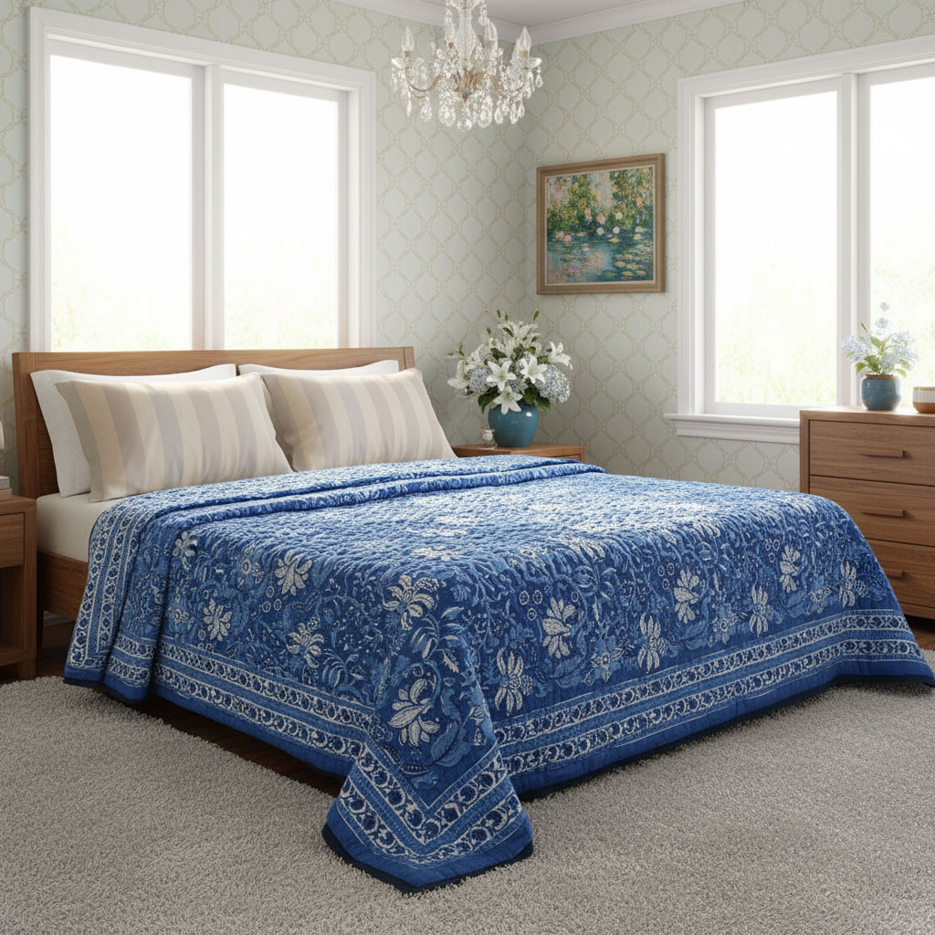 Indian Hand Block Printed Cotton Twin Quilt Anarkali Blue Gud 106797