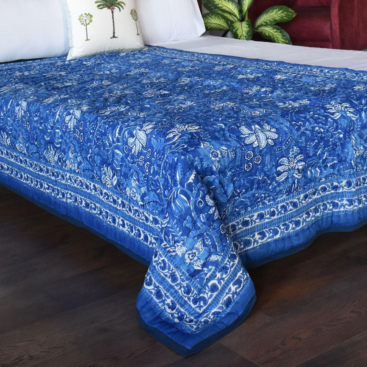 Indian Hand Block Printed Cotton Twin Quilt Anarkali Blue Gud 106797