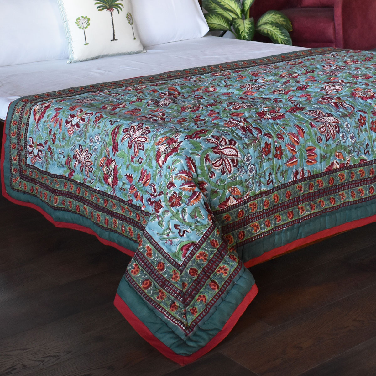 Hand Block Printed Cotton Twin Size Quilt Anarkali Green 4273