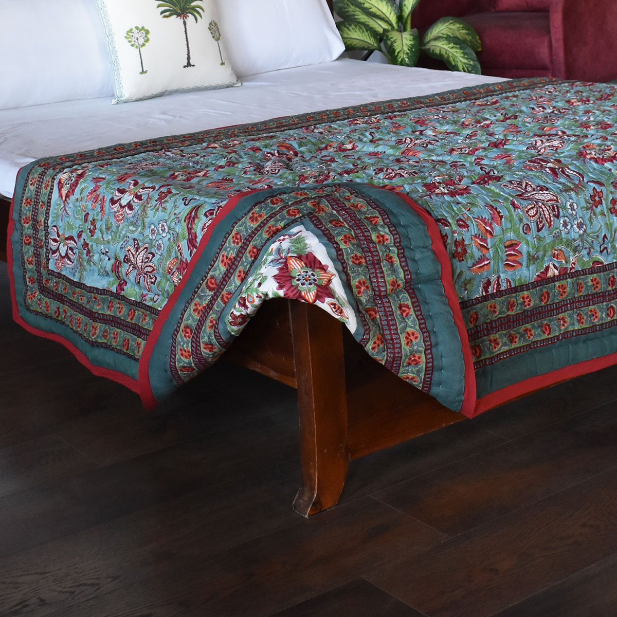 Hand Block Printed Cotton Twin Size Quilt Anarkali Green 4273