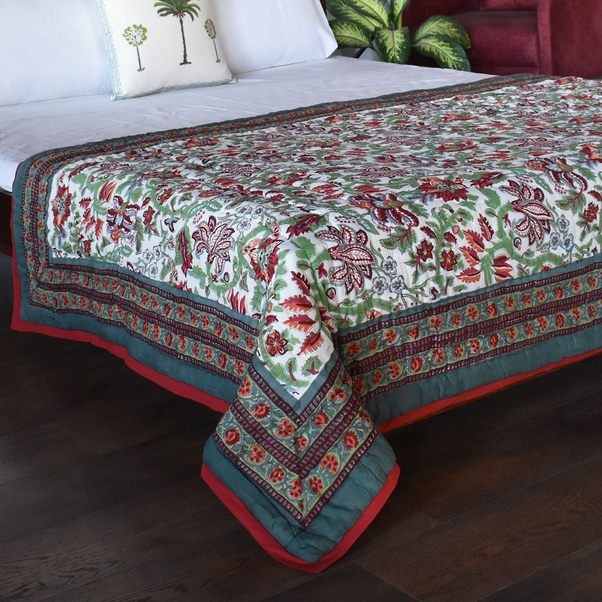 Hand Block Printed Cotton Twin Size Quilt Anarkali Green 4273