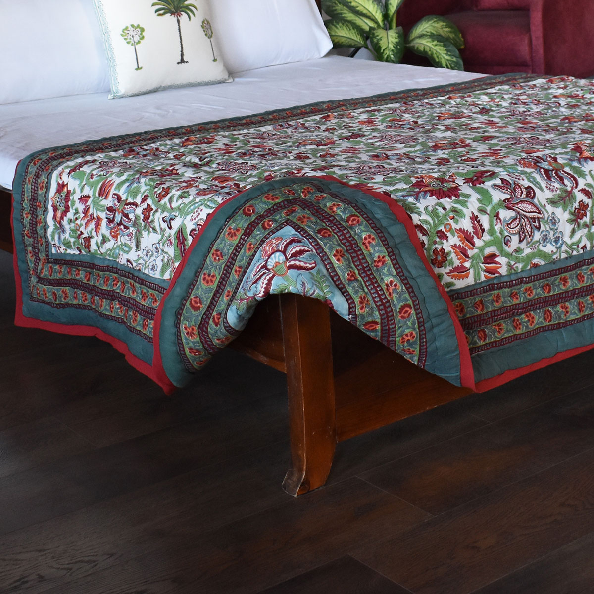 Hand Block Printed Cotton Twin Size Quilt Anarkali Green 4273