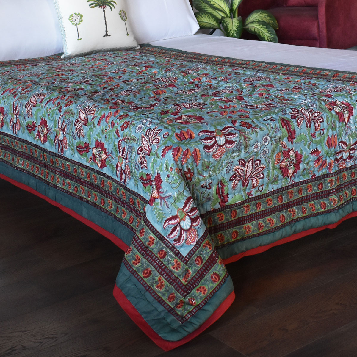 Hand Block Printed Cotton Twin Size Quilt Anarkali Green 4273