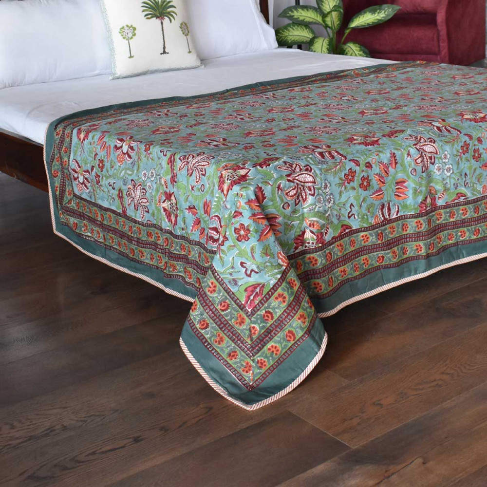 Image of Hand Block Printed Cotton Twin Size Dohar | Anarkali Green Gud 106821