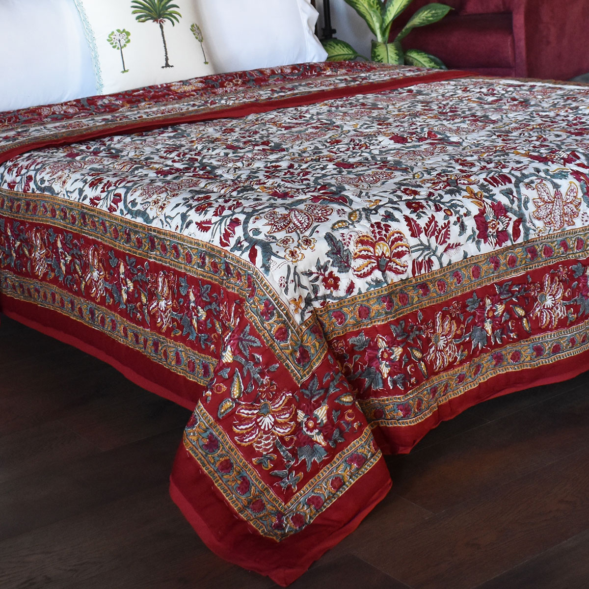 Hand Block Printed Cotton Twin Size Quilt Anarkali Red Gud 201397