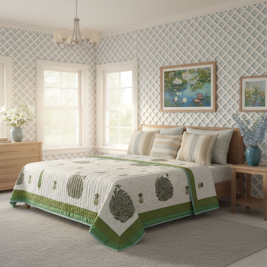 Hand Block Printed Cotton King Size Quilt Arabian Bird Green 205320