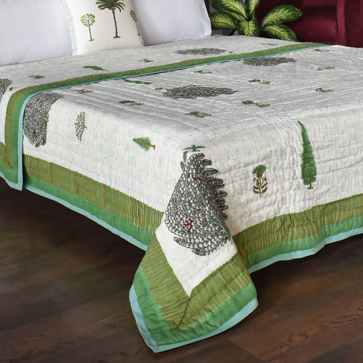 Hand Block Printed Cotton King Size Quilt  Arabian Bird Green 205320