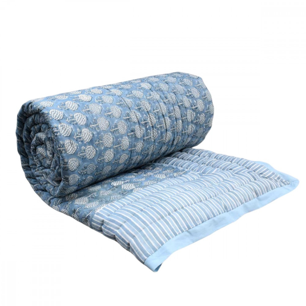 Image of Hand Block Printed Cotton Medium Size Quilt | Artichoke Pearl Blue 251210