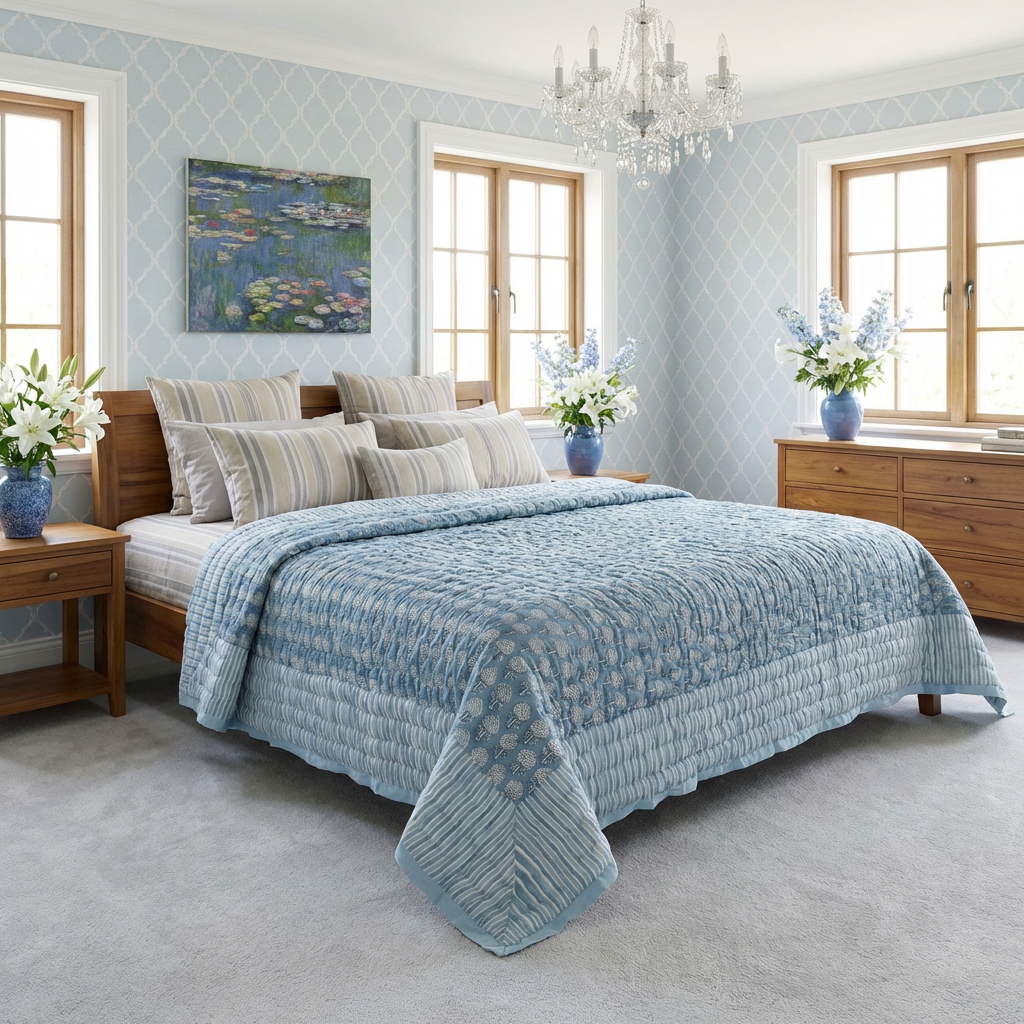 Hand Block Printed Cotton Twin Size Quilt Artichoke Pearl Blue 251210