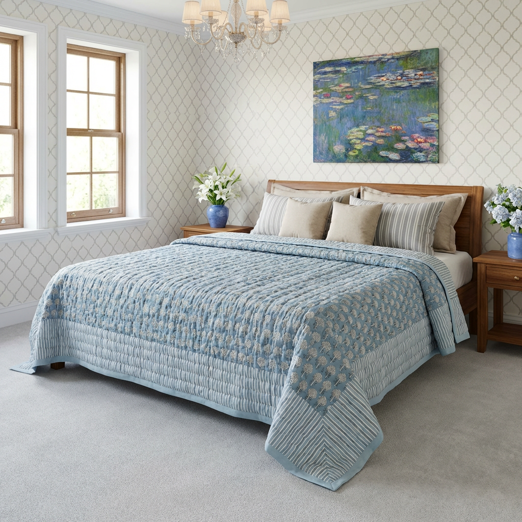 Hand Block Printed Cotton Queen Size Quilt   Artichoke Pearl Blue 251210