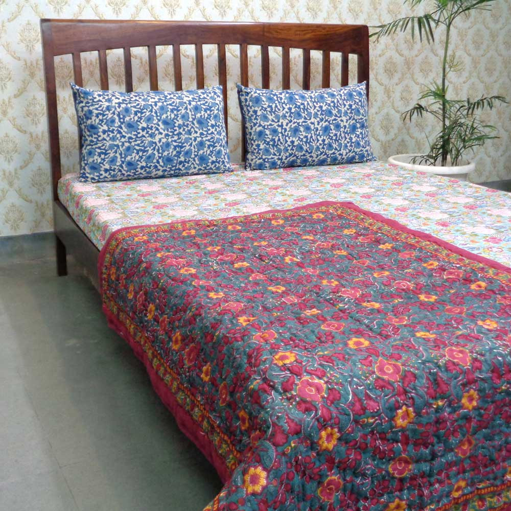 Baby Quilt for Toddler Hand Block Printed Phulwari 0973