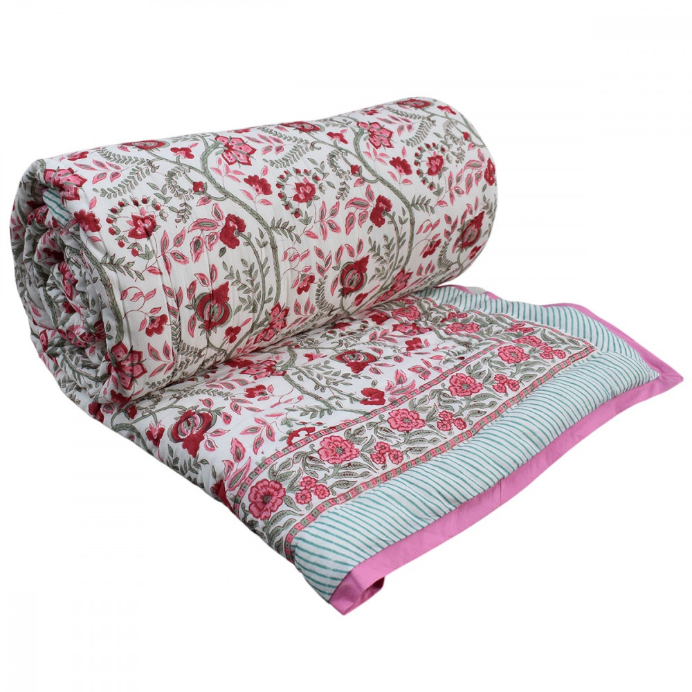 Image of Hand Block Printed Cotton Queen Size Quilt | Bale Pink Red 251212