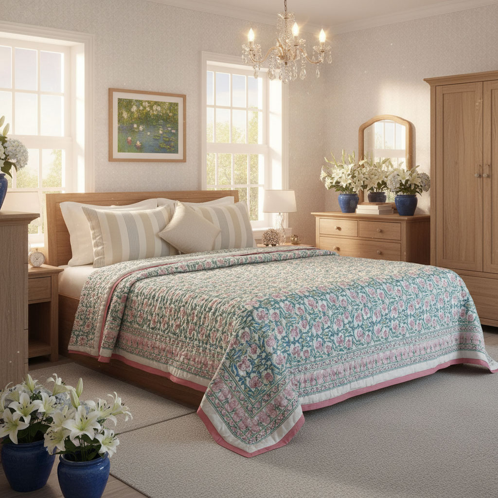 Hand Block Printed Cotton Queen Size Quilt  Bauhaus Pink Flower 601774