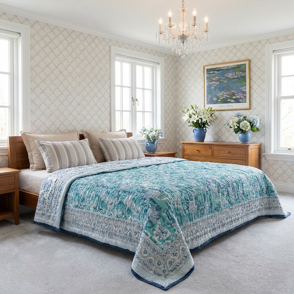 Hand Block Printed Cotton Twin Size Quilt  Bela Bristol Blue 601091