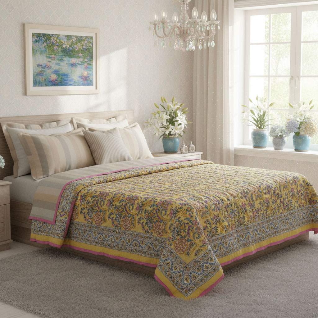 Hand Block Printed Cotton Queen Size Quilt  Bela Lime 906220