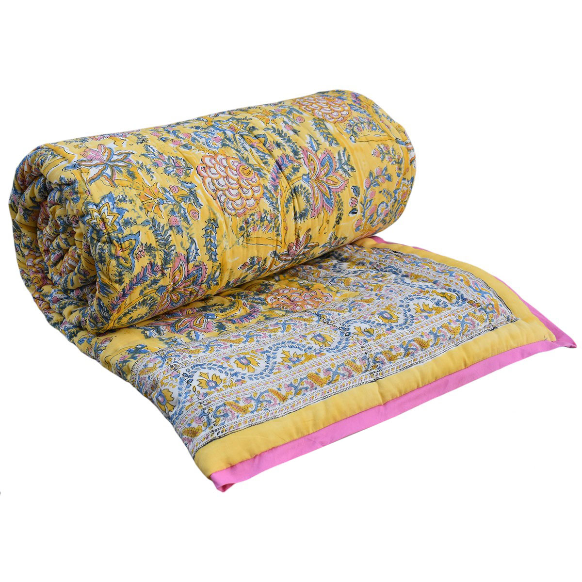 Hand Block Printed Cotton Queen Size Quilt  Bela Lime 906220