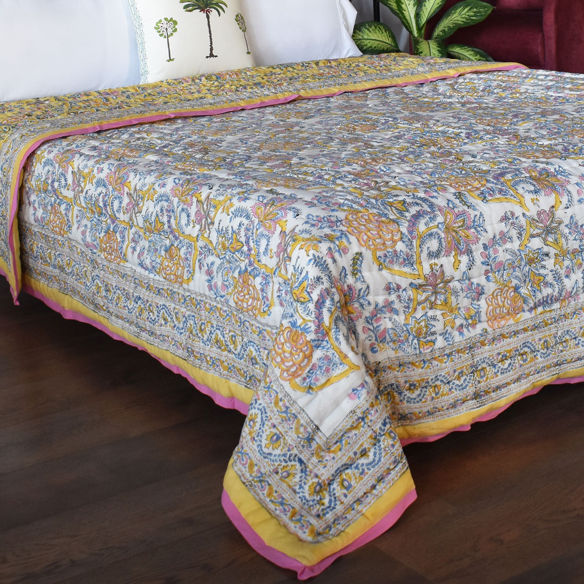 Hand Block Printed Cotton Queen Size Quilt Bela Lime 906220