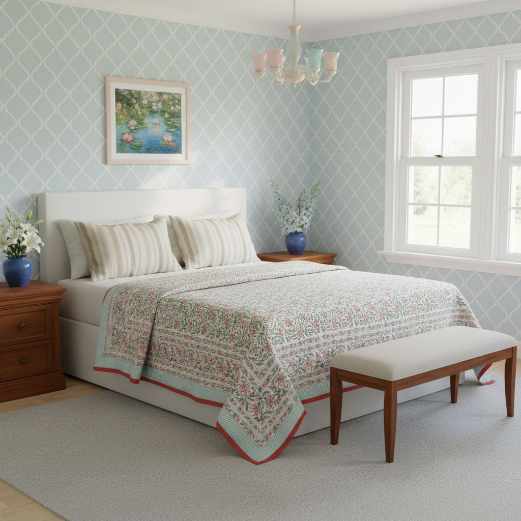 Hand Block Printed Cotton Twin Size Quilt Berry Pink 106128