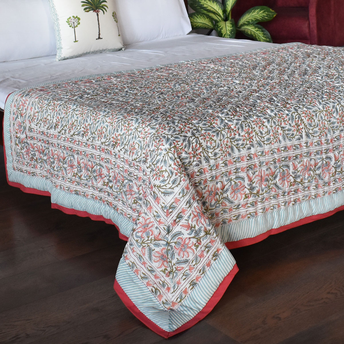 Hand Block Printed Cotton Twin Size Quilt  Berry Pink 106128