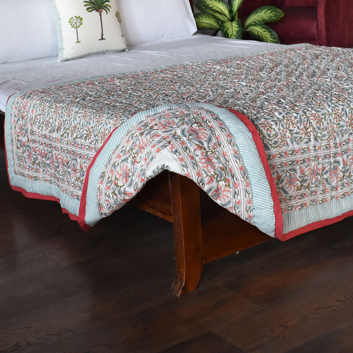 Hand Block Printed Cotton Twin Size Quilt  Berry Pink 106128