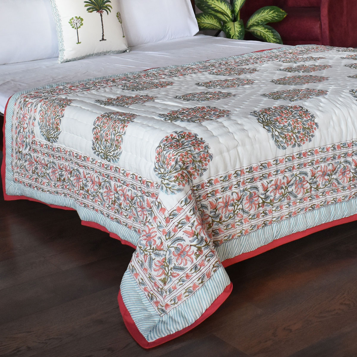 Hand Block Printed Cotton Twin Size Quilt  Berry Pink 106128