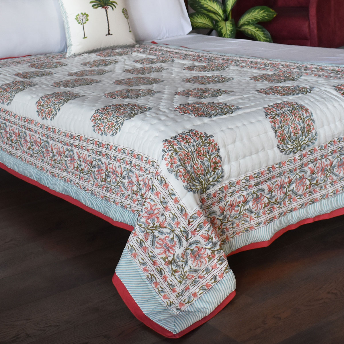 Hand Block Printed Cotton Twin Size Quilt  Berry Pink 106128