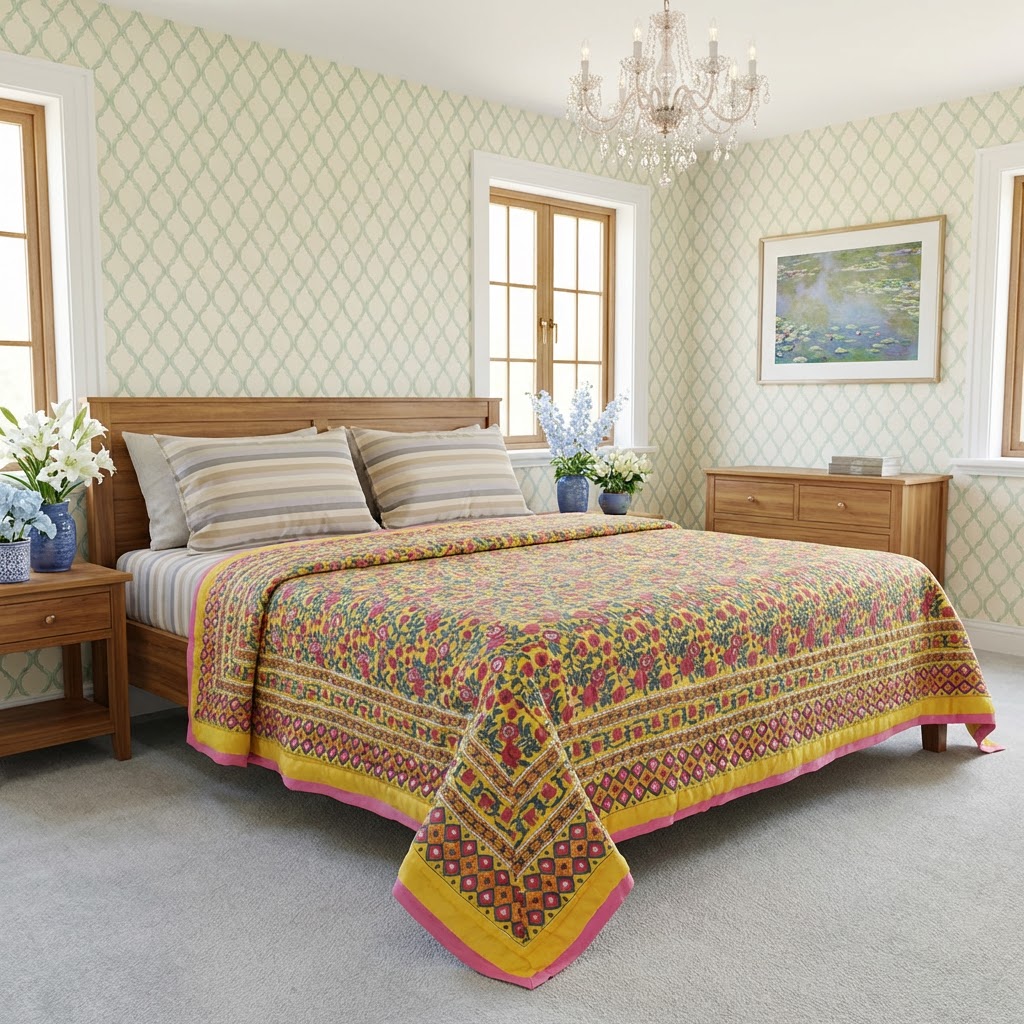 Indian Hand Block Printed Twin Size Quilt  Bhare Pile Phool 102376