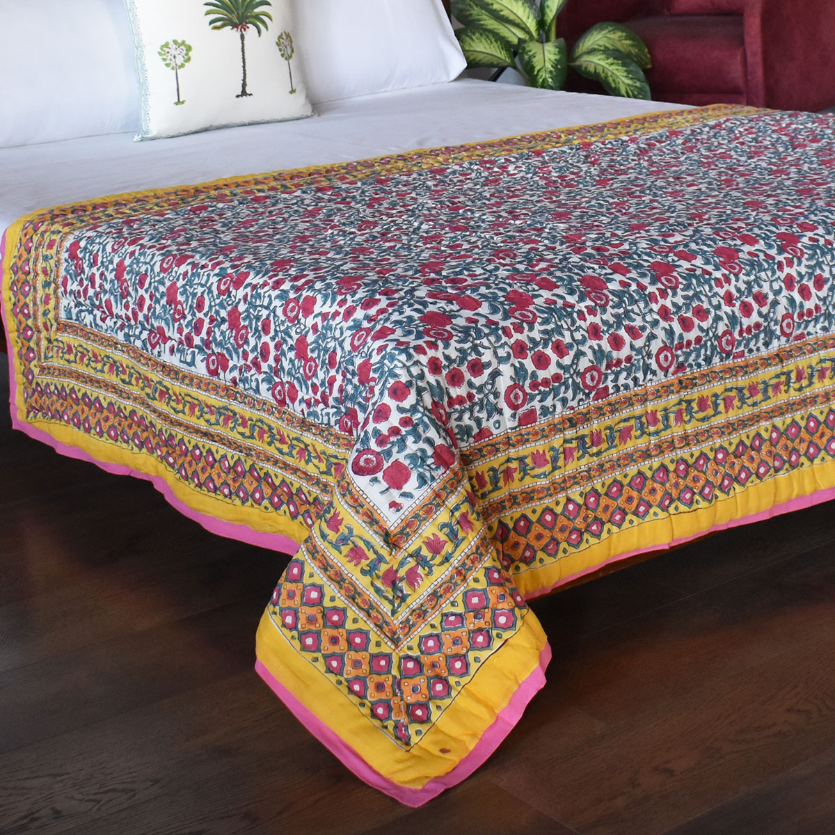 Indian Hand Block Printed Twin Size Quilt  Bhare Pile Phool 102376