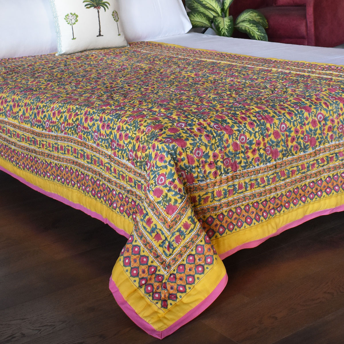 Indian Hand Block Printed Twin Size Quilt Bhare Pile Phool 102376