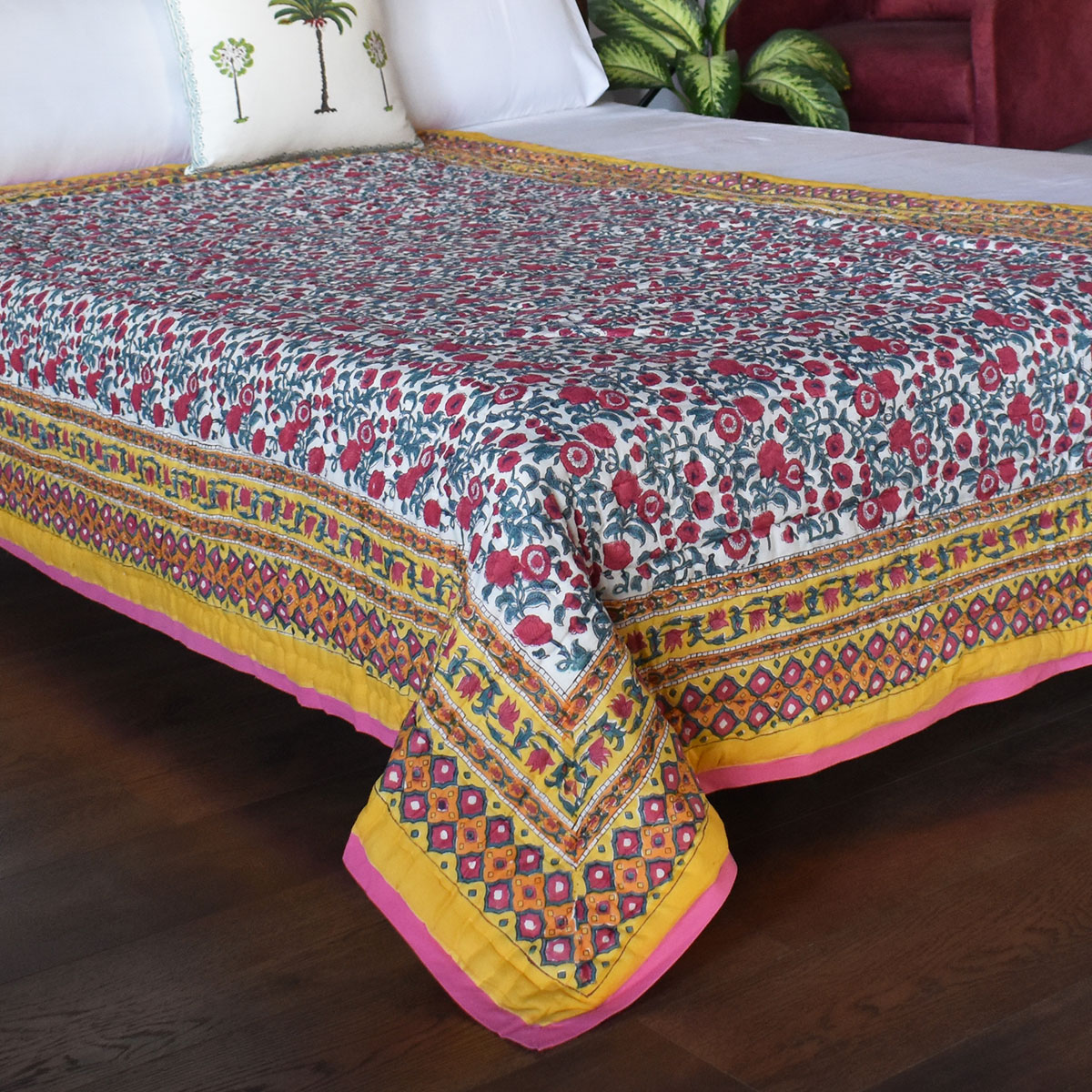 Indian Hand Block Printed Twin Size Quilt Bhare Pile Phool 102376