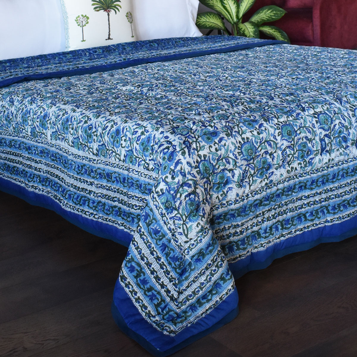 Hand Block Printed Cotton Queen Size Quilt Blue Berry Blossom 251203