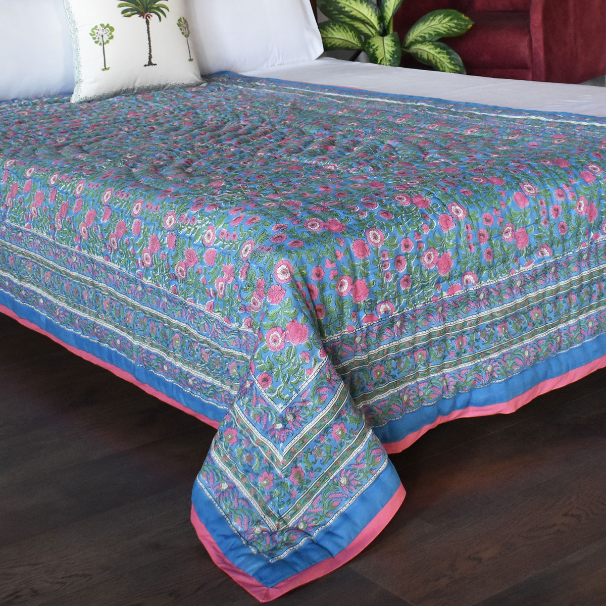Hand Block Printed Cotton Twin Size Quilt Blue Pink Blossom 701397