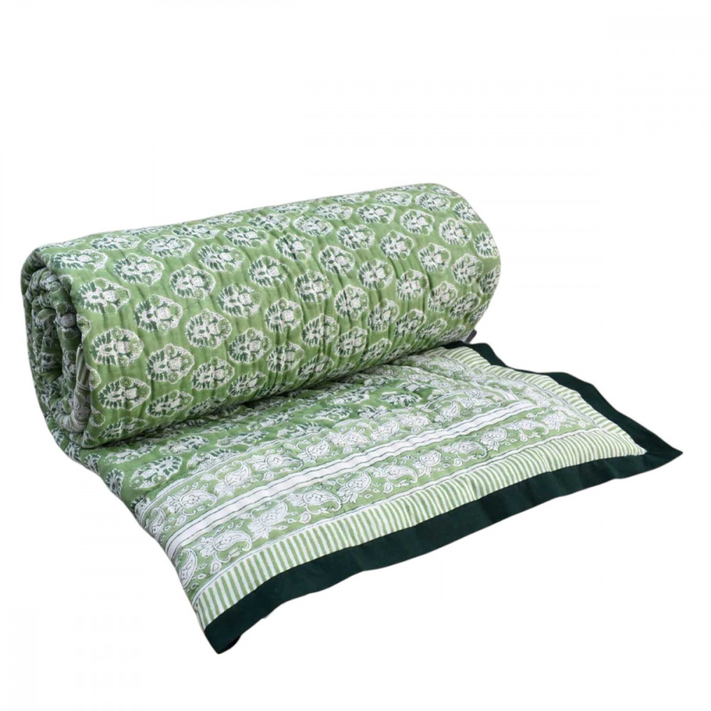Image of Hand Block Printed Cotton Medium Size Quilt | Boota Celadon Green Gud 100673