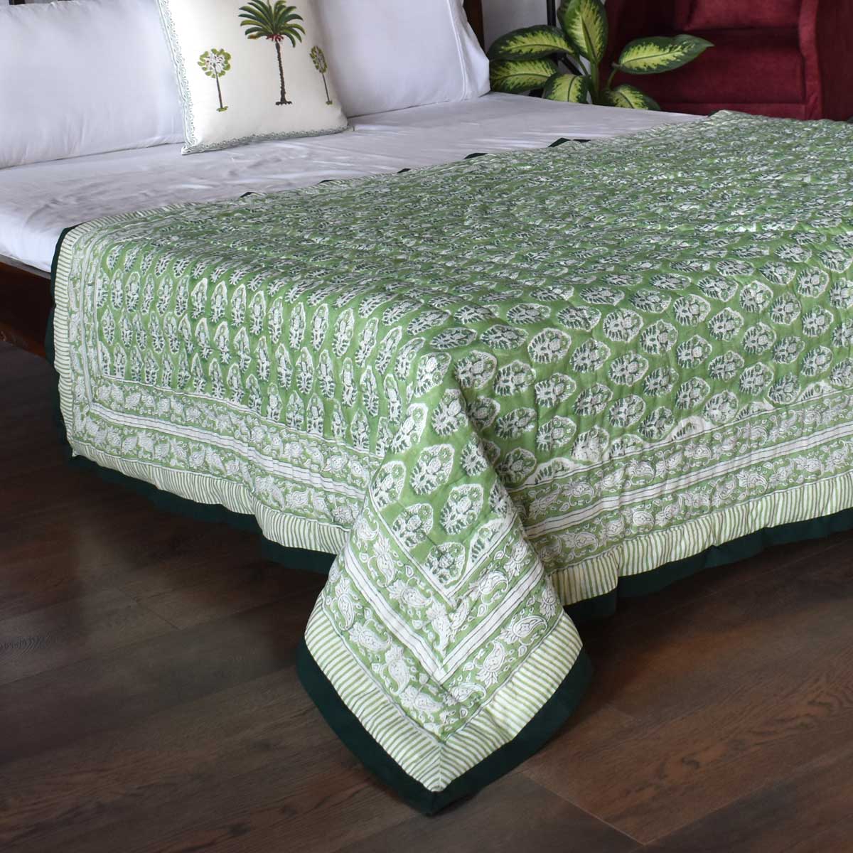 Hand Block Printed Cotton Twin Size Quilt  Boota Celadon Green Gud 100673