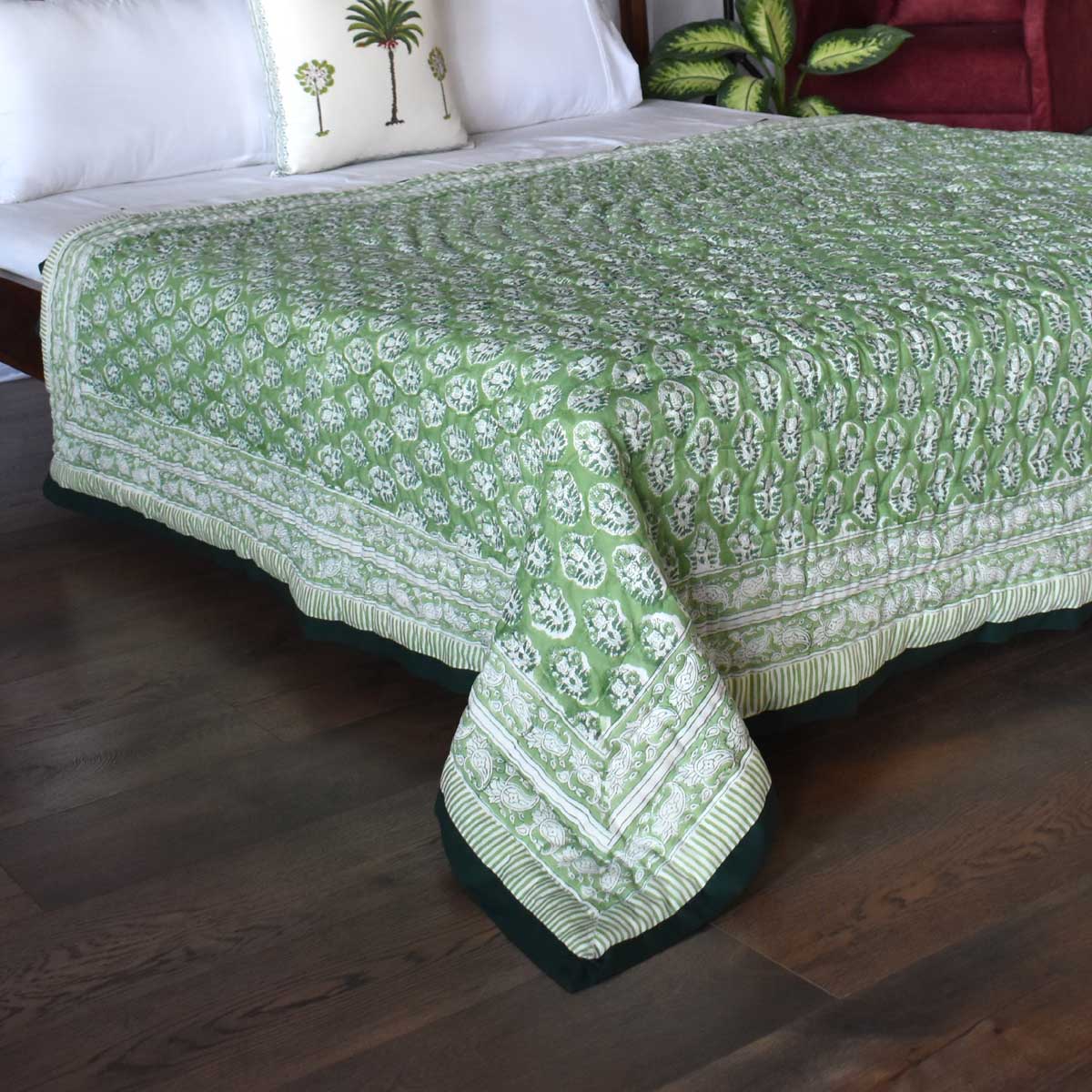 Hand Block Printed Cotton Medium Size Quilt Boota Celadon Green Gud 100673