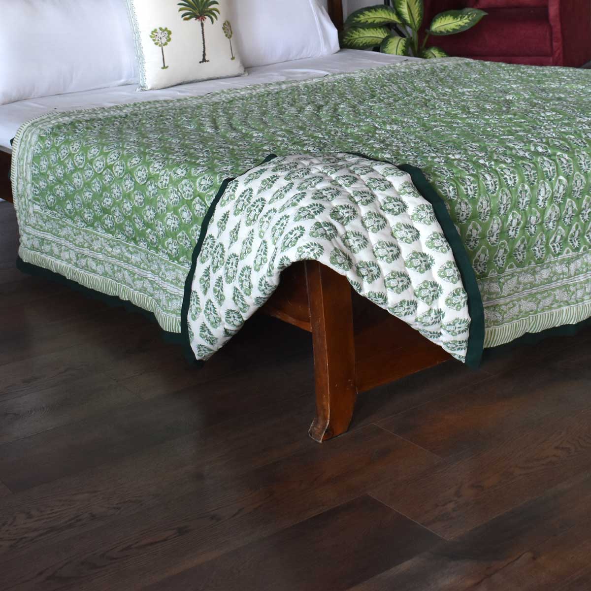 Hand Block Printed Cotton Medium Size Quilt Boota Celadon Green Gud 100673