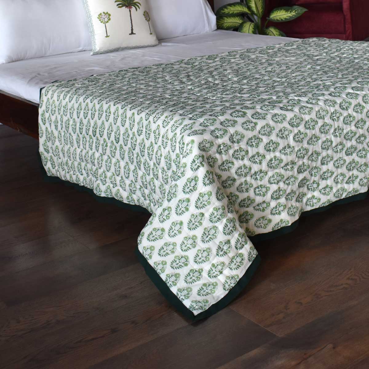 Hand Block Printed Cotton Twin Size Quilt Boota Celadon Green Gud 100673