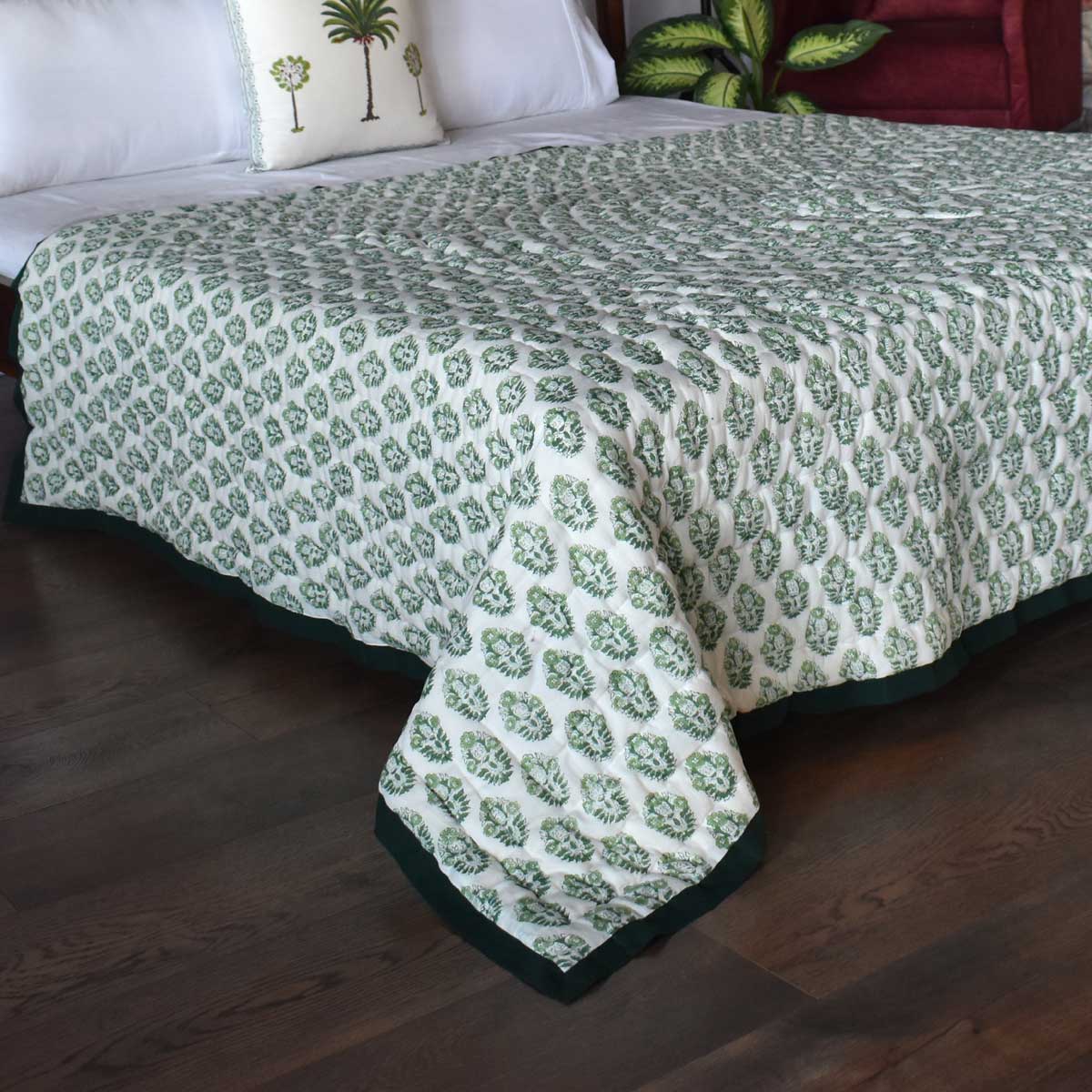 Hand Block Printed Cotton Medium Size Quilt Boota Celadon Green Gud 100673