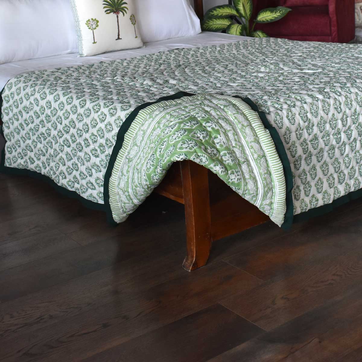 Hand Block Printed Cotton Medium Size Quilt Boota Celadon Green Gud 100673