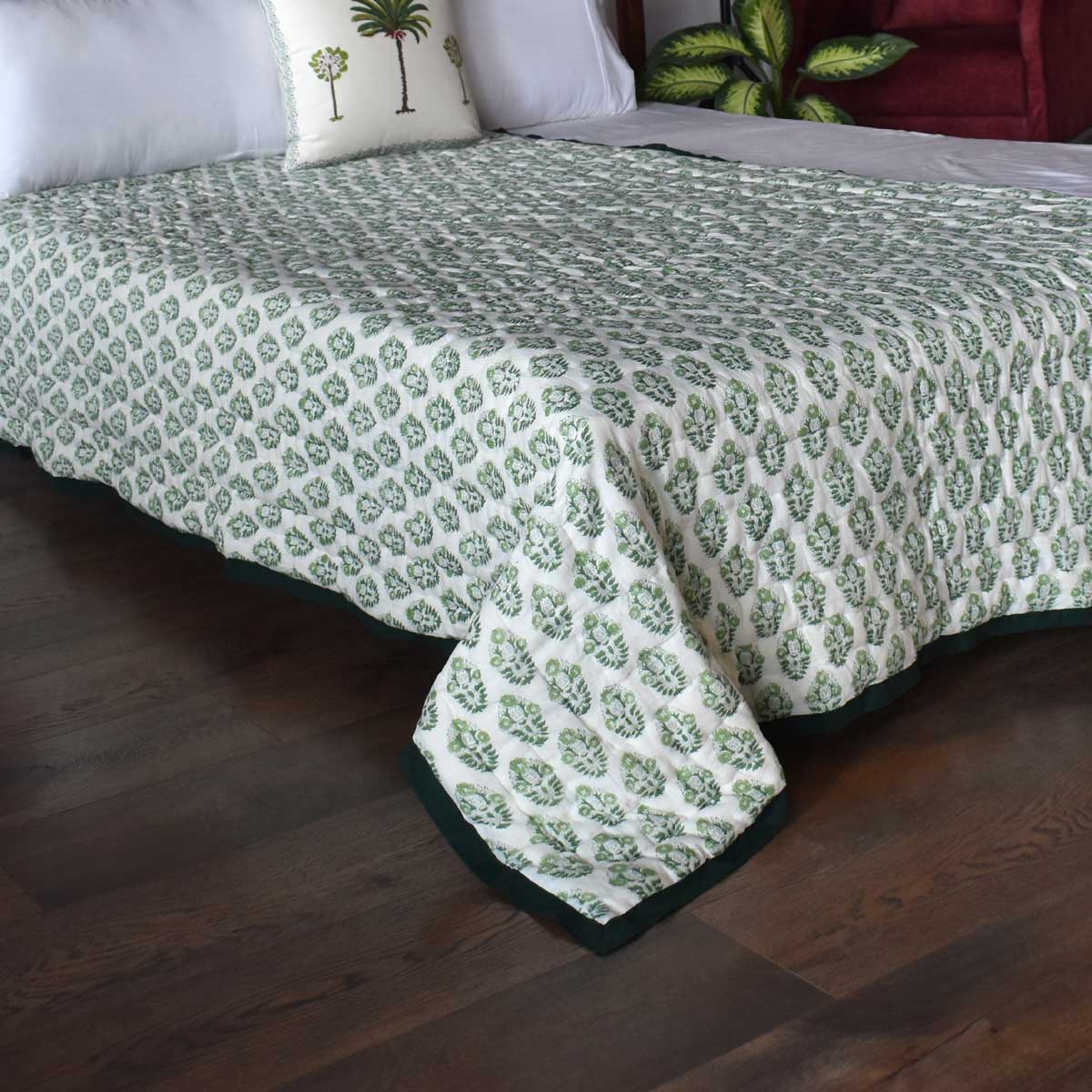 Hand Block Printed Cotton Twin Size Quilt  Boota Celadon Green Gud 100673