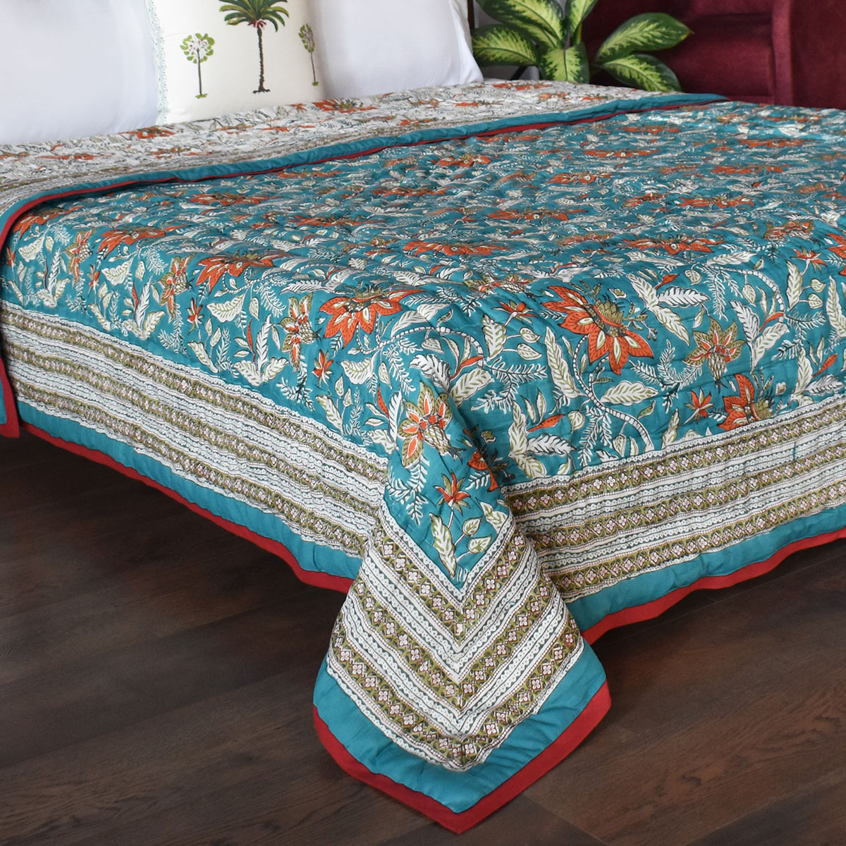 Hand Block Printed Cotton Twin Size Quilt Bossanova Green Gud 393939