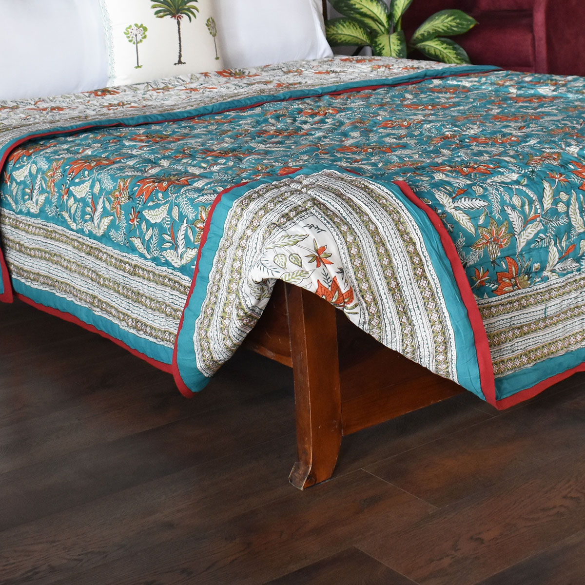 Hand Block Printed Cotton Twin Size Quilt  Bossanova Green Gud 393939