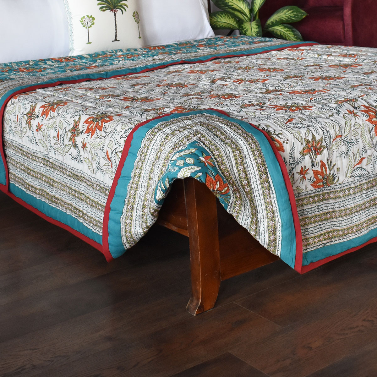 Hand Block Printed Cotton Queen Quilt  Bossanova Green Gud 393939