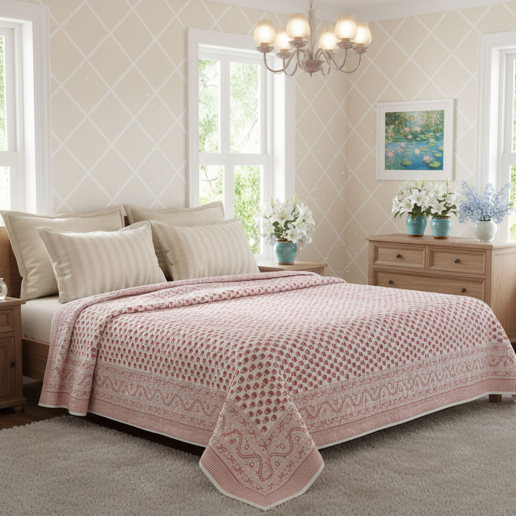 Hand Block Printed Cotton Twin Size Quilt  Choti Booti Pink 202411