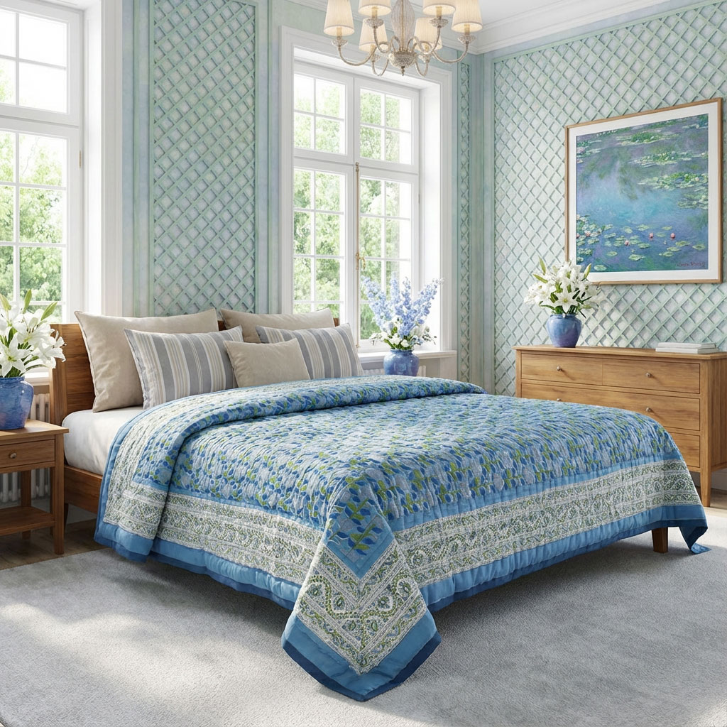 Hand Block Printed Cotton Twin Size Quilt Climbing Flower Blue 500930