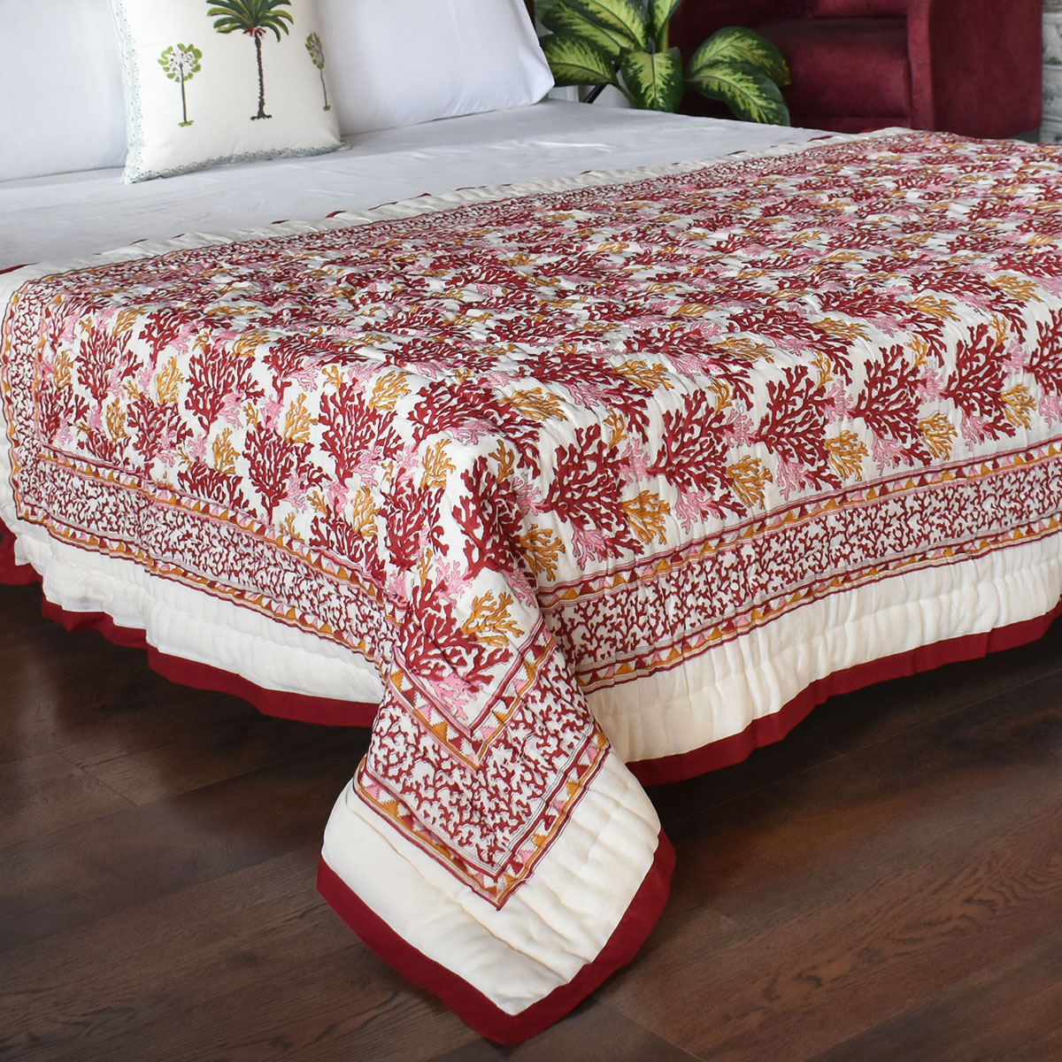 Hand Block Printed Cotton Twin Size Quilt Coral Multi Red 701927